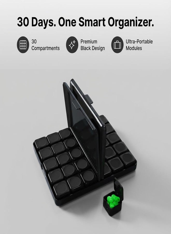 POPCUBE علبة تنظيم الأدوية POPCUBE لمدة 30 يومًا، علبة حبوب شهرية مع 15 حجرة قابلة للإزالة على الجانبين الأيمن والأيسر، علبة تخزين أقراص رفيعة مقاومة للماء مع أغطية سهلة الفتح، حاوية حبوب ذات سعة كبيرة (22×18×2.5 سم) (أسود) - Image 3